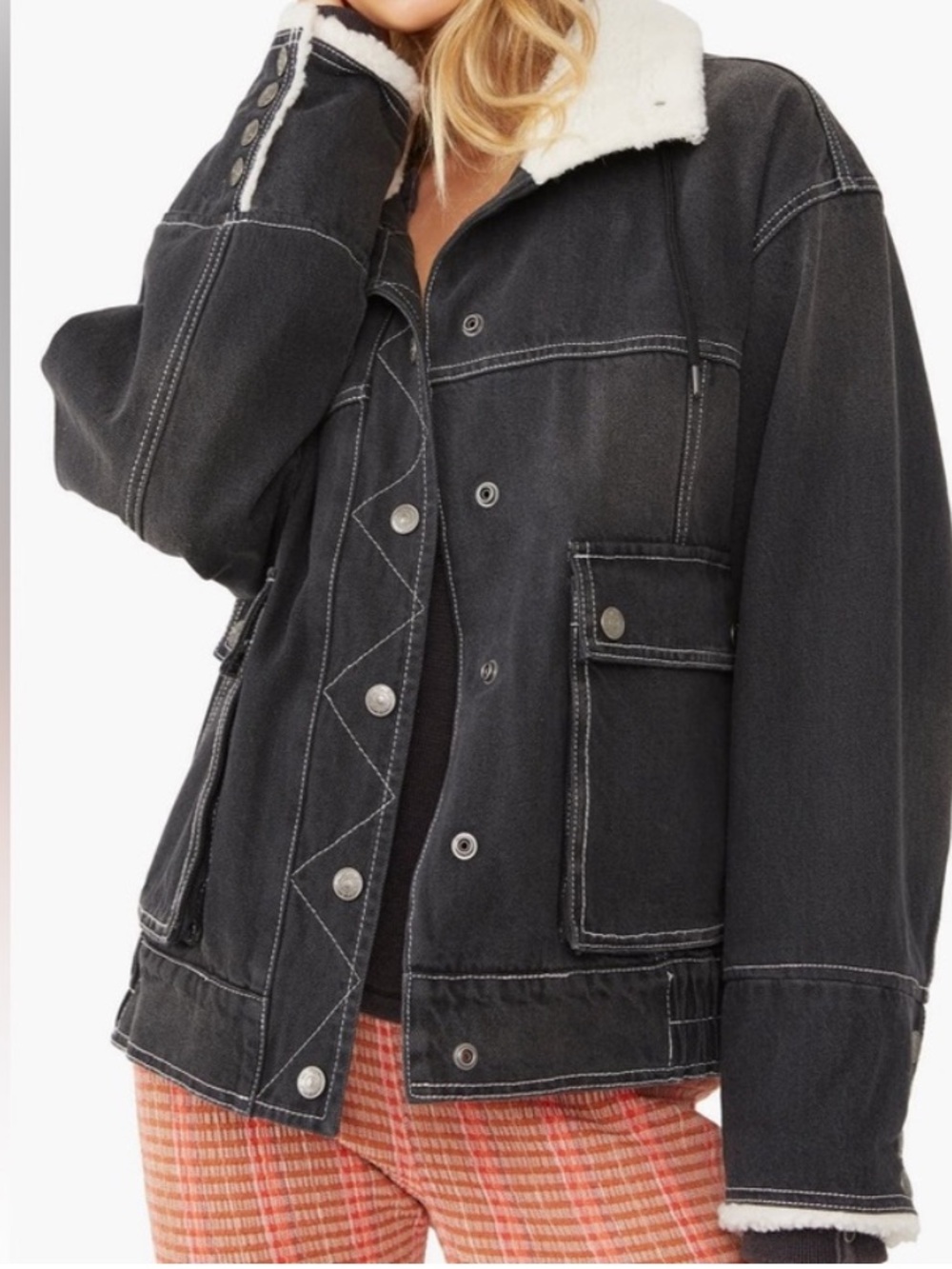 Free People Black Denim Jacket with Cream Sherpa Collar